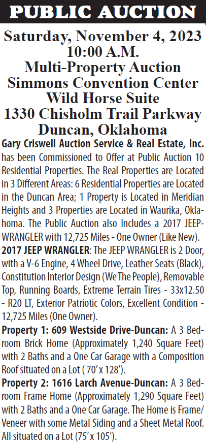 Multi-Property Auction, Simmons Center, Duncan, OK